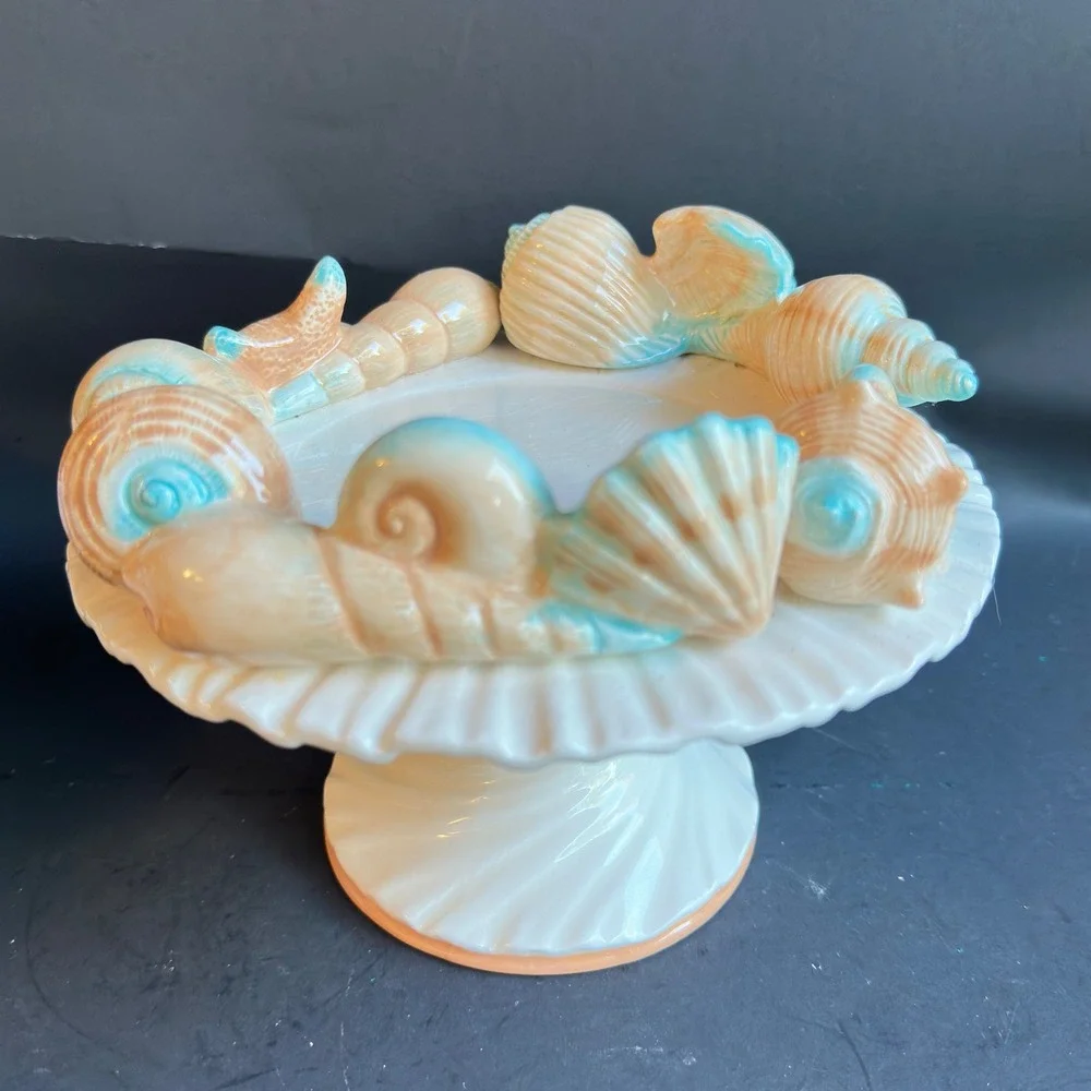 Fitz and Floyd Seashell Compote Footed Bowl Coastal Beach Decor Cream Peach Aqua